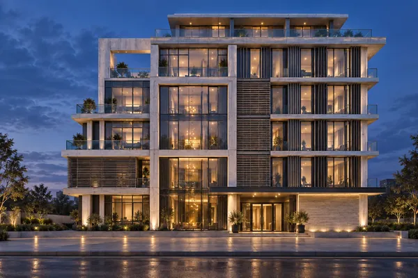Illustrative evening visualization of the same contemporary apartment building