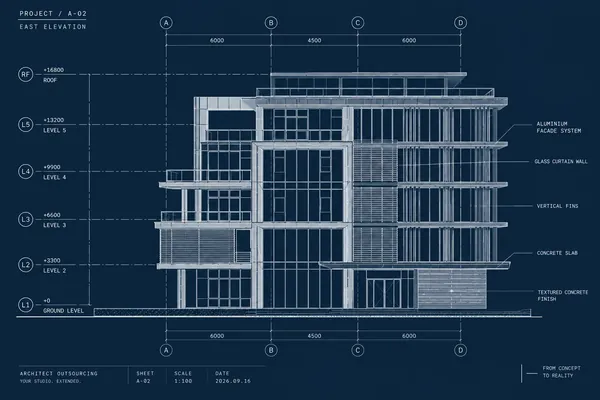 Illustrative blueprint elevation of a contemporary apartment building