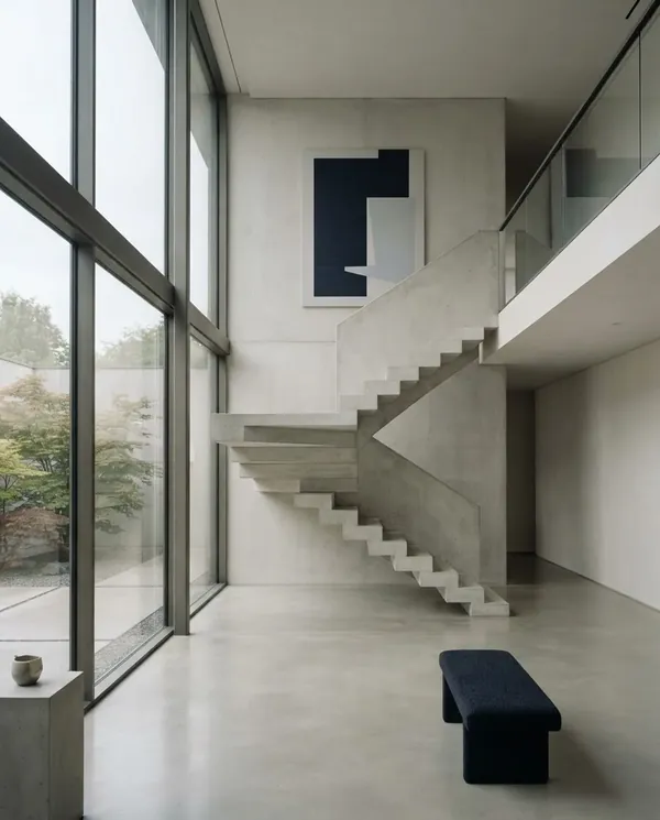 Light-filled contemporary interior with exposed concrete stairs and large windows