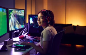 teenage-girl-wearing-headset-gaming-at-home